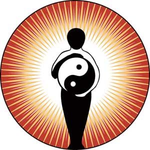 Silhoutte of figure holding a yin yang ball, with sun beams radiating from figure