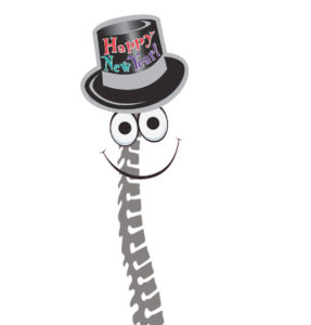 Cartoon of a spine with a New Year hat on top.