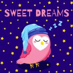 Cute pink owl wearing a night cap, sleeping among the stars