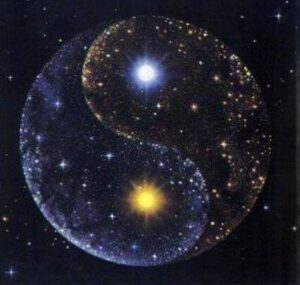 Yin and Yang symbol made of stars, the sun and the moon