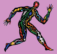 Silhouette of a man running with nerves and arteries lit up in bright colours in his body