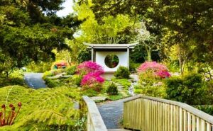 Chinese-style rain shelter with curved roof and circular window in neatly laid out garden