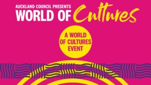 Bright pink, purple and yellow and colourful logo for World of Cultures Festival