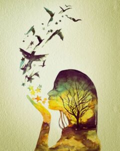 Silhouette of a woman breathing out with birds and stars soaring