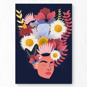Colourful drawing of a woman with hair made of flowers, and ferns