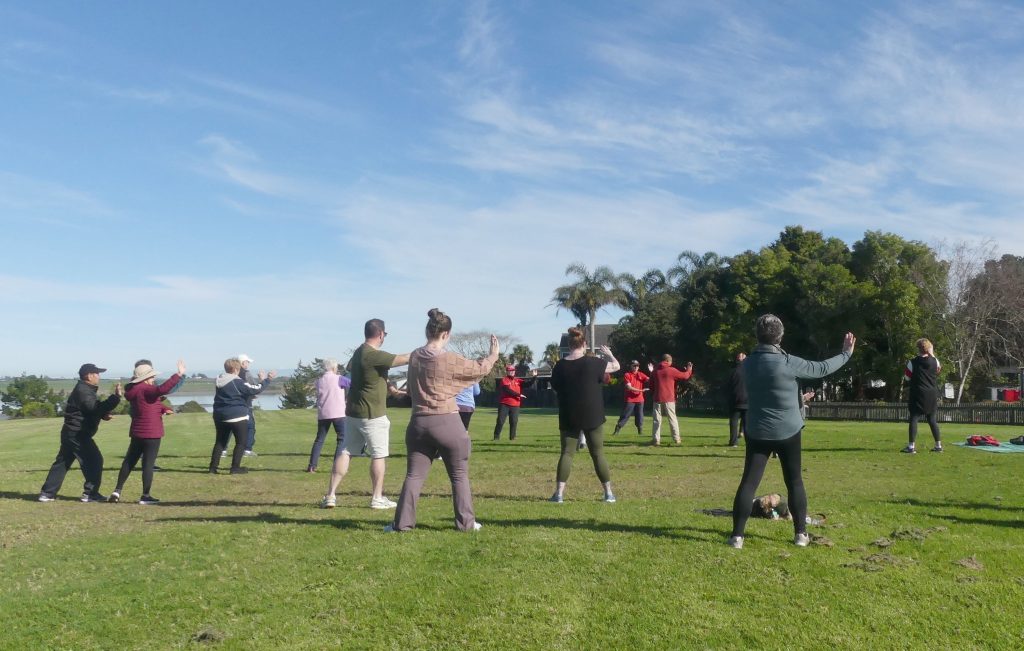 Group of people doing tai chi on green grass with blue sky overhead